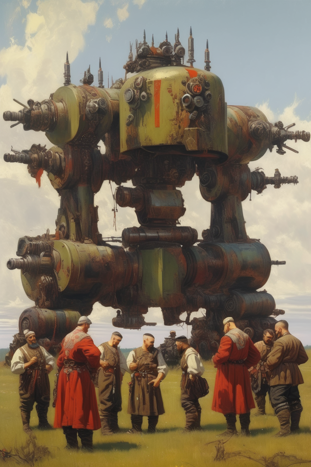 00686-4021436810-_lora_Vasily Vereshchagin Style_1_Vasily Vereshchagin Style - a group of cossacks fitting at a singular imposing dieselpunk mech.png